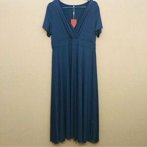 Women's Maxi Dress XL Blue Short Sleeve V-Neckline Elegant Minimalist